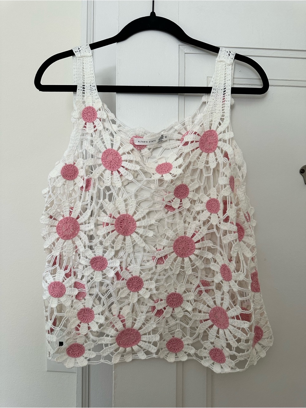 Altar'd State Daisy Crochet Tank Top, Ivory and Pink